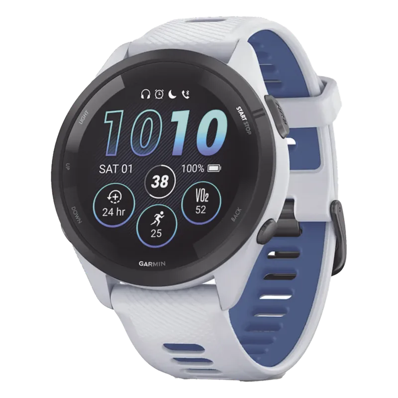 Forerunner® 265, Bisel negro con carcasa en blanco y correa de silicona en blanco/azul GARMIN 10-02810-01