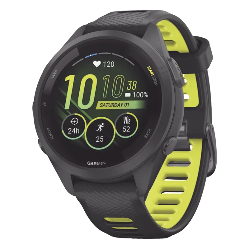 Forerunner® 265S, Bisel y carcasa en negro con correa de silicona en negro/amarillo GARMIN 10-02810-03
