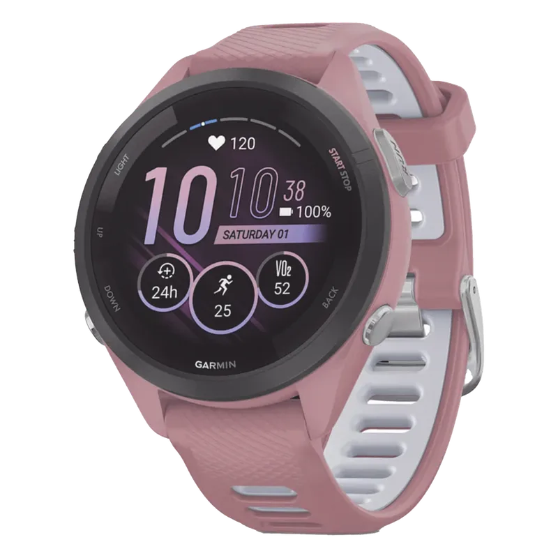 Forerunner® 265S, Bisel negro con carcasa en rosa y correa de silicona en rosa/gris GARMIN 10-02810-05