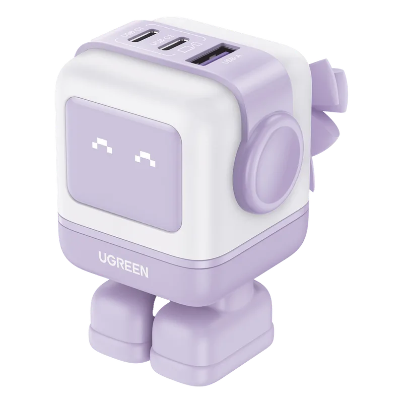 Cargador RobotGaN de 65W Serie UNO | 3 Puertos de Carga Rápida | 2 USB-C | 1 USB-A | PD 3.0 | QC 4.0 | Carga Inteligente | Tecnología GaN II | Zapato Magnético Extraíble | Carcasa Ignífuga | Pantalla LED UGREEN 35314