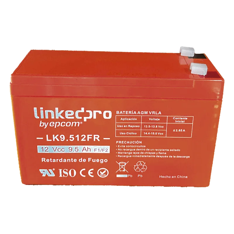 Batería de respaldo 12 V | 9.5 Ah | AGM | Certificada UL94-V0 Retardante a la Flama | Especial para Seguridad Electrónica | UPS | Sistemas de Emergencia | Vida útil 5 años | Terminales F1 + Adaptador F2 LINKEDPRO BY EPCOM LK9.512FR