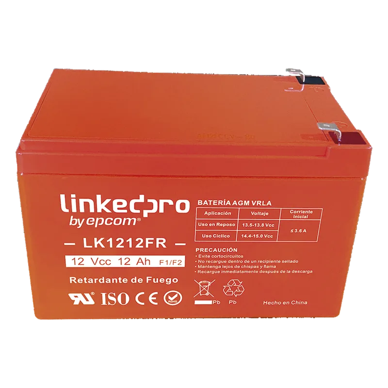Batería de respaldo 12 V | 12 Ah | AGM | Certificada UL94-V0 Retardante a la Flama | Especial para Seguridad Electrónica | UPS | Sistemas de Emergencia | Vida útil 5 años | Terminales F1 + Adaptador F2 LINKEDPRO BY EPCOM LK1212FR