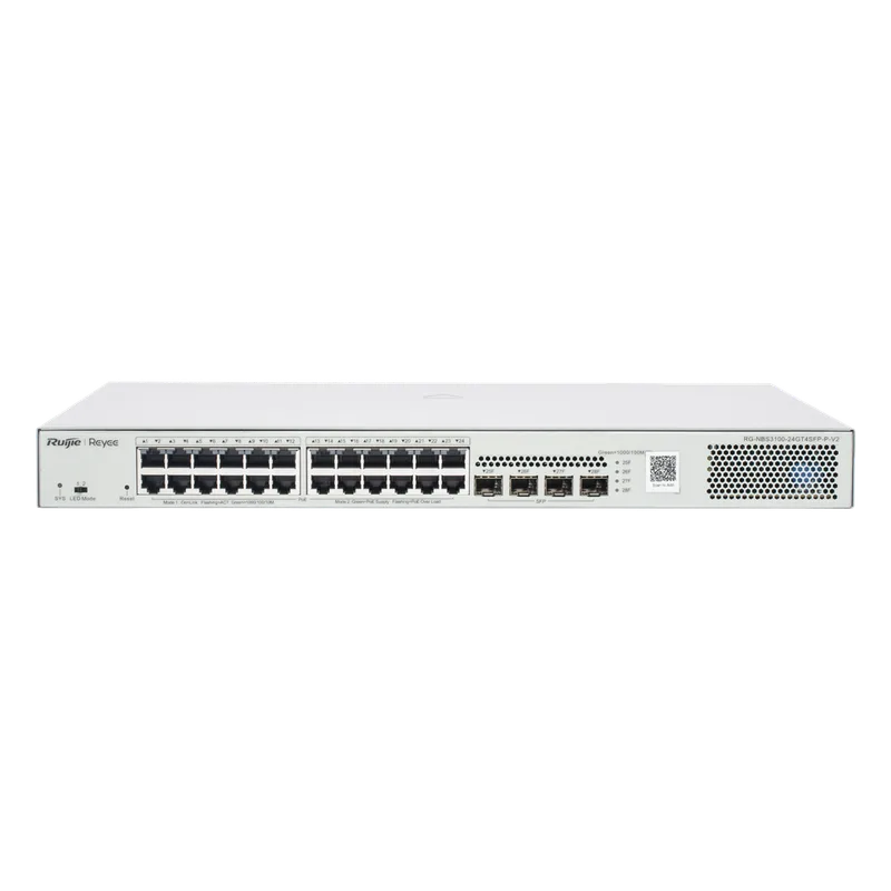 Switch Administrable L2 PoE+ hasta 370W, 24 Puertos Eth 1G, 4 puertos SFP 1G, Administración Remota en la Nube. RUIJIE RG-NBS3100-24GT4SFP-P-V2