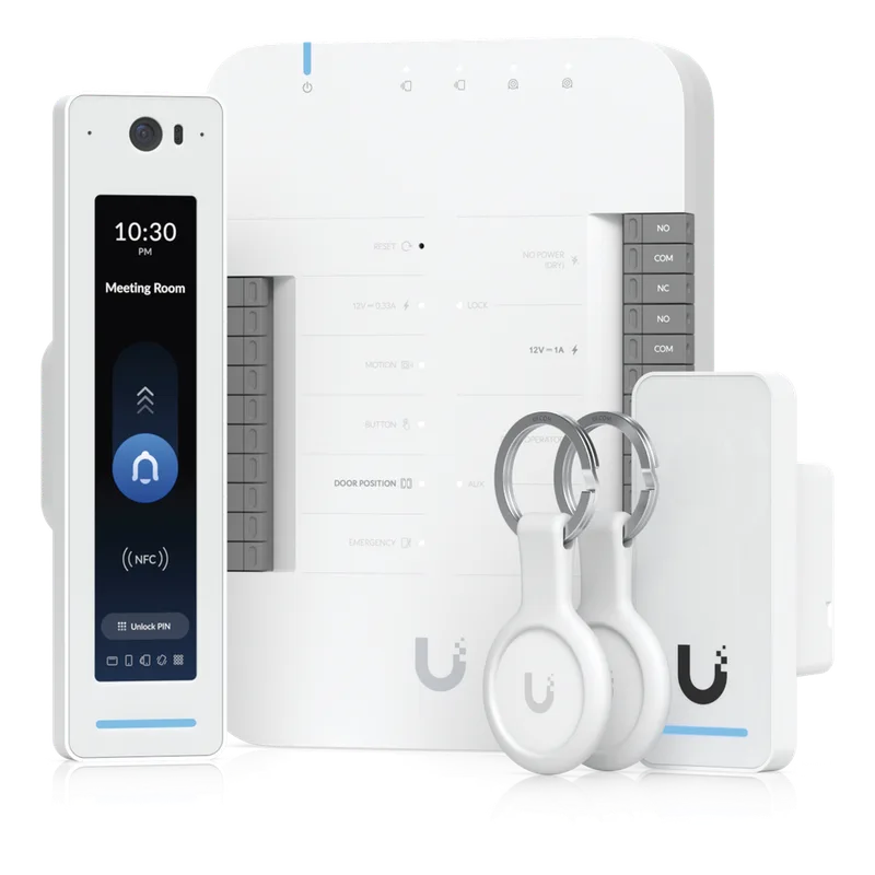 UniFi Access Kit de Inicio Gen2 Profesional para 1 puerta, (1) Lector NFC con pantalla táctil, audio 2 vías y cámara / (1) Lector NFC y de movimiento UA-G2 / Hub para conexiones para controlar una puerta con salida POE y energizar acc UBIQUITI UA-G2-SK-PRO