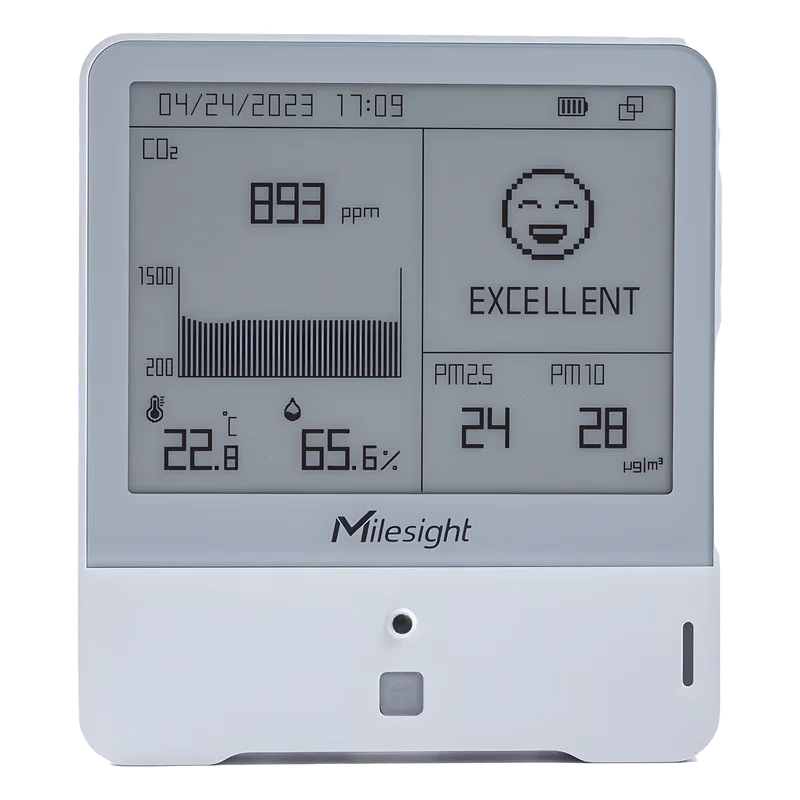 Panel Digital IAQ LoRaWAN / 10 Parámetros (CO2, PM2.5, TVOC, HCHO) / Temp, Humedad y Presión / Monitoreo Ambiental para BMS y Edificios Inteligentes MILESIGHT AM308915M