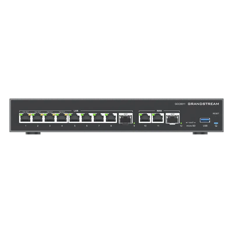 4 en 1: Firewall Nueva Generación, Router, PBX IP /Switch 10 Puertos Gigabit (4 PoE +) / 2 Puertos SFP 2.5 Gigabit / 3 puertos WAN fijos GRANDSTREAM GCC6011