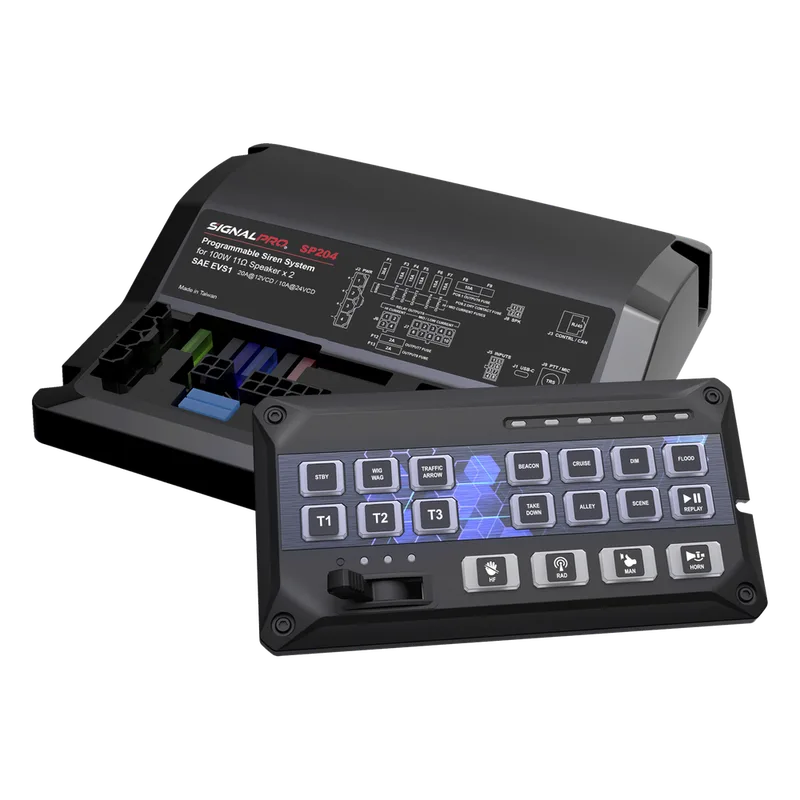 Sirena Vehicular de 200W de Potencia, Con Controlador de Panel Deslizante de 19 botones, indicador de flecha de tráfico de 6 LED, 12 Salidas Auxiliares SIGNALPRO SP204R