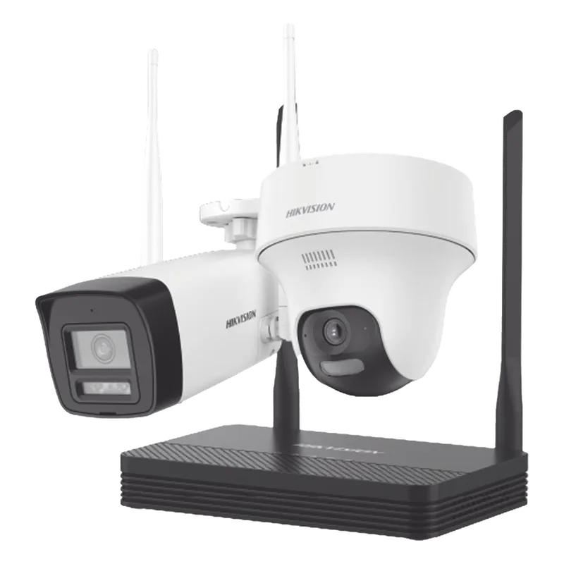 Kit IP Inalámbrico 2 Megapíxel / NVS 4 Canales / 1 Cámara Bala Exterior + 1 Cámara Turret Interior con Lente 2.8 mm y Dual Light / Audio Bidireccional (Micrófono y Bocina) / Soporta Micro SD de 512 GB HIKVISION NKS422W02H