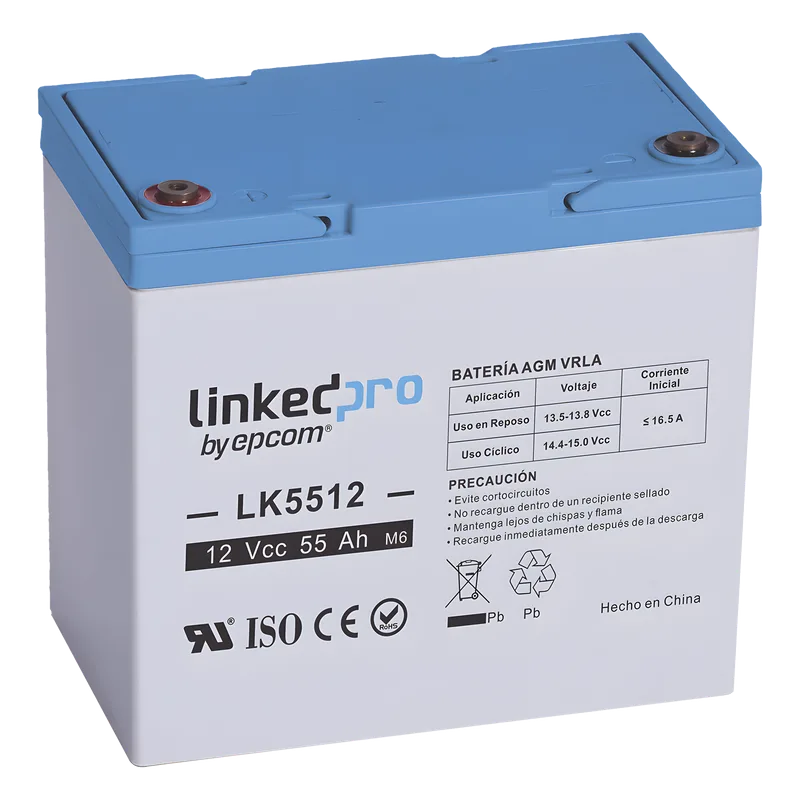 Batería de respaldo 12 V | 55 Ah | AGM | Especial para Seguridad Electrónica | UPS | Sistemas de Emergencia | Vida útil 5 años | Terminales T2 LINKEDPRO BY EPCOM LK5512