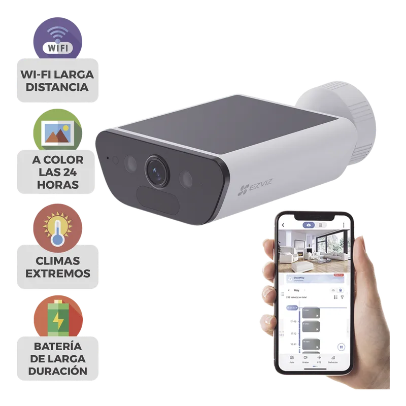 Camara de Bateria con Panel Solar Integrado / 4K Resolucion / WI-FI 6 / Vision Nocturna / Detección Humana y de Vehiculos / Batería de 10400 MAH / IP65 EZVIZ CS-CB5-4K