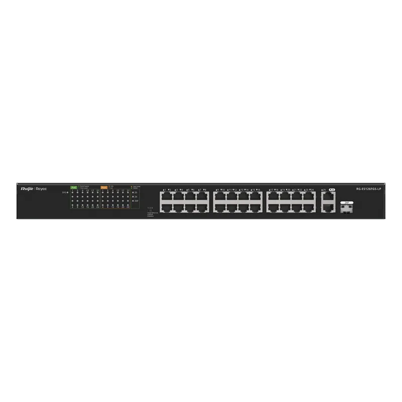Switch PoE+ no Administrable, hasta 180 Watts Ideal para CCTV, 24 Puertos 10/100 PoE+, 2 Uplinks Gigabit (1 SFP COMBO) RUIJIE RG-ES126FGS-LP