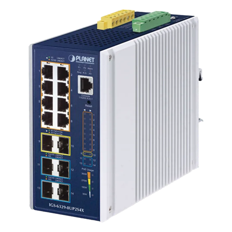 Switch Industrial Capa 3 de 8 Puertos 10/100/1000T PoE 802.3bt, 2 Puertos SFP 1 G/2.5 G, 4 Puertos SFP 10G, Instalación en Pared o Puerto DIN. PLANET IGS-6329-8UP2S4X