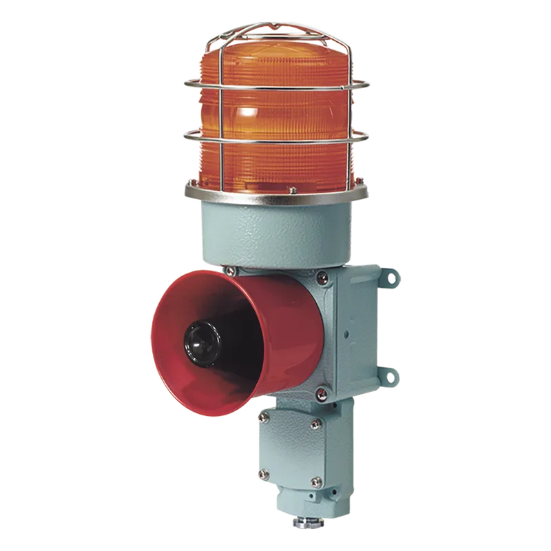 Combinación de Luz Giratoria LED y Bocina Eléctrica / WS-5 Sonidos de Advertencia / 120dB Máx. / AC120V / IP66 / Lente Ámbar / Carcasa de Aluminio / Compatible con Jaula Protectora STS316L / Aplicaciones Marítimas e Indu QLIGHT SDL-WS-120-A