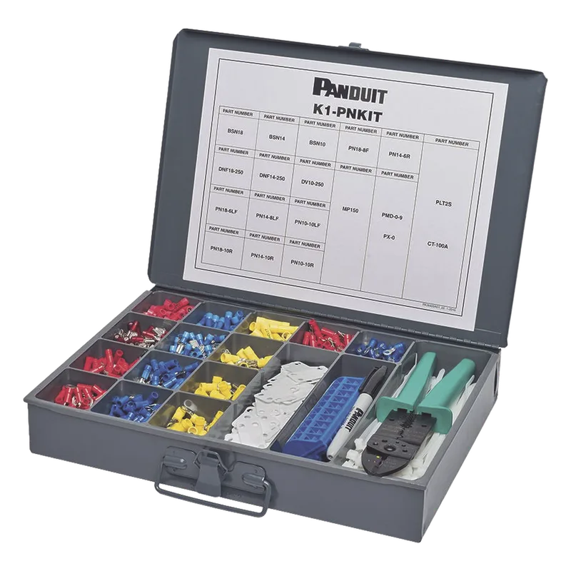 Kit de Terminales Pan-Term™ de Mantenimiento, Nylon, 14-22 AWG, con Herramienta de Ponchado CT-260 y Caja de Acero PANDUIT K1-PNKIT