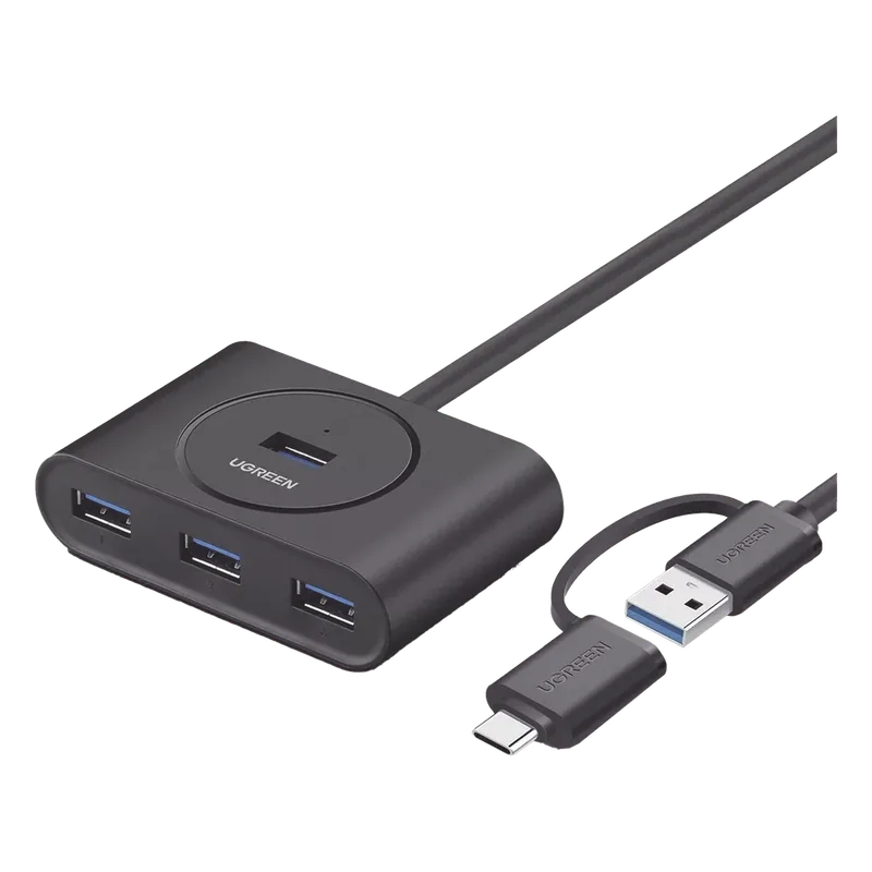 HUB USB-A y C 3.0 4 en 1 | Con Conector USB-C y USB-A | 4 Puertos USB-A 3.0 (5Gbps) | Cable de 25cm | Indicador Led | Ideal para Transferencia de Datos | Entrada Micro USB para alimentar equipos de mayor consumo. UGREEN 40850