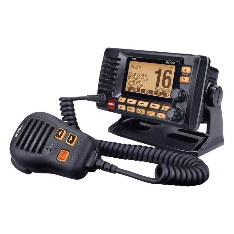 Radio Móvil Marino VHF / 25W RF / GPS Integrado / NMEA 2000 / DSC Clase D / IPX8 Sumergible / Negro UNIDEN UM725GBK