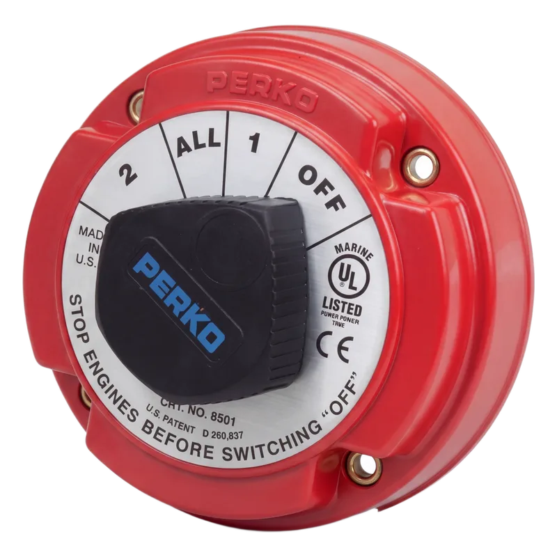 Switch Selector de Batería Marina PERKO 8501 / 250A Continuos 360A Intermitentes / 6-32 VCC / Encendido Protegido / Selector 1-2-Both-Off / Desconexión de Alternador 8501DP