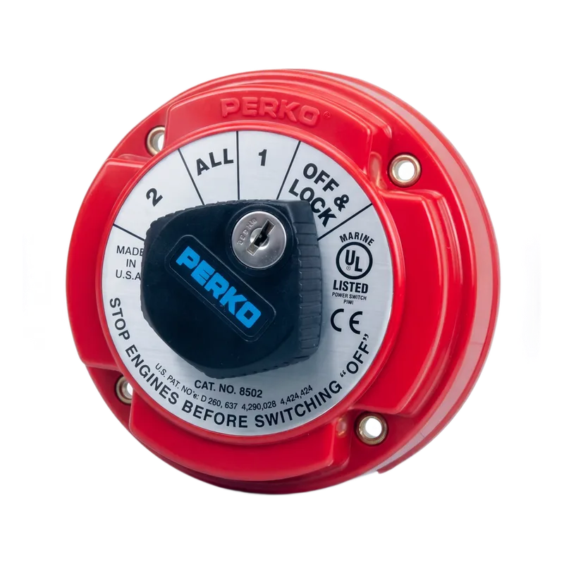 Switch Selector de Batería Marina PERKO 8502 con Llave / 250A Continuos 360A Intermitentes / 6-32 VCC / Selector 1-2-Both-Off / Bloqueo con Llave / Encendido Protegido 8502DP