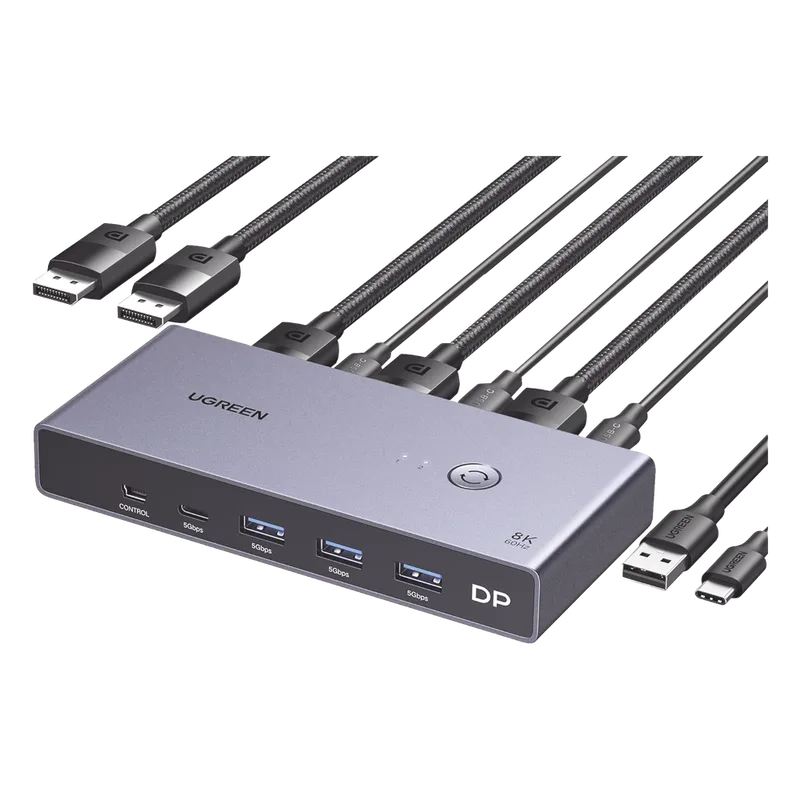 Conmutador KVM DisplayPort 8K | DP 1.4 | 2 Entradas 1 Salida | 4 Puertos USB 3.0 (3 USBA *1 USBC) | Soporta 8K@60Hz | HDR | Control de Escritorio | Carcasa de Aluminio | Indicador Led | Compatible Win, MacOs y Linux. UGREEN 25962