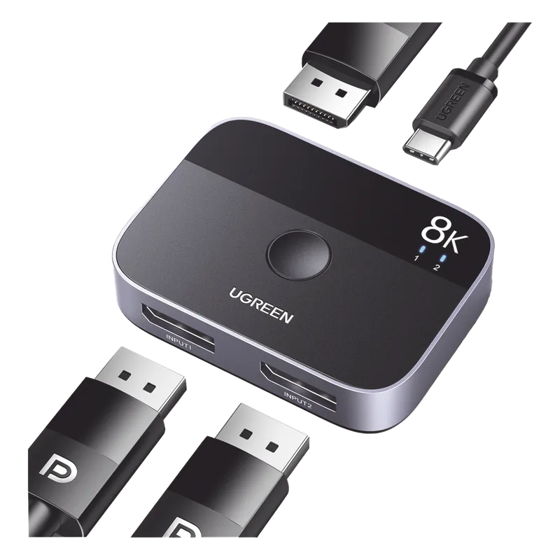 Conmutador DP 1.4 8K | Display Port Splitter 2 Entradas a 1 Salida | Bidireccional | 3D | HDR10+ | Dolby Atmos | 240Hz | 48Gbps | Compatible Free-Sync/G-Syng | Sincronización de Audio | Potentes Chips de Última Generación. UGREEN 15708