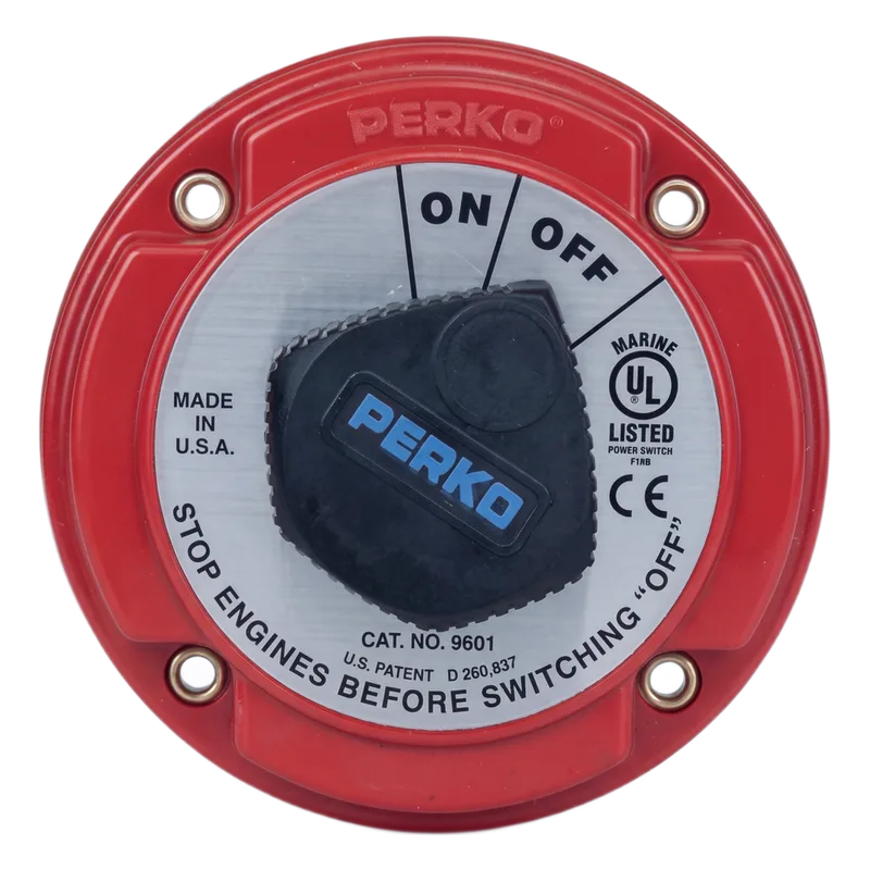 Interruptor de Desconexión de Batería Marina PERKO 9601 / 250A Continuos 360A Intermitentes / 6-32 VCC / Encendido Protegido / Desconexión de Alternador / Seguridad con Llave 9601DP