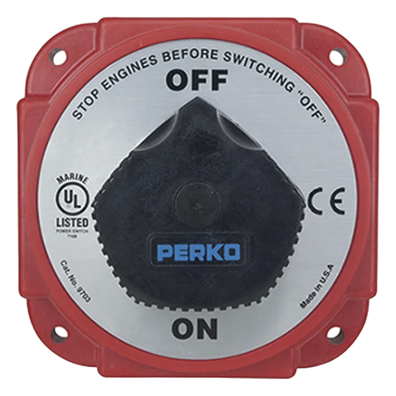 Interruptor Desconexión Batería 9703 con Desconexión Campo Alternador, 480 Amperios Continuos, 1200 Amperios Intermitentes, 6-32 VDC, Terminales 1/2 Pulgada, Montaje Marino PERKO 9703DP