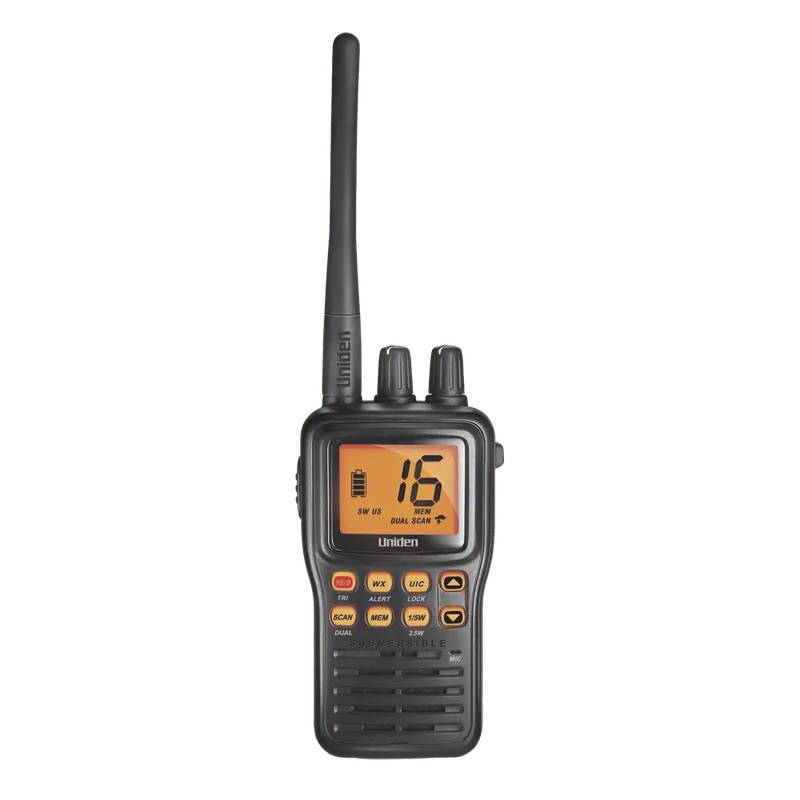 Radio Marino Portátil VHF, flotante y sumergible, Rx: 156.050-163.275MHz Tx: 156.025-157.425MHz, cumple con los canales marinos Internacionales, de EUA y Canadá UNIDEN MHS75