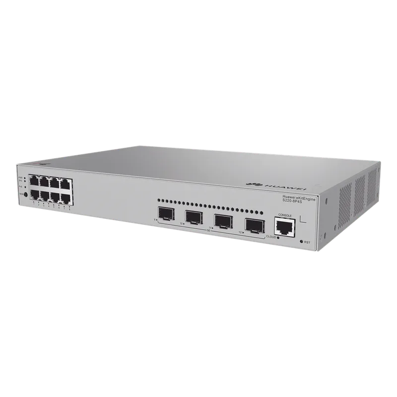 Switch de acceso eKit Administrable / Capa 2 / 8 Puertos PoE+ Gigabit + 4 SFP + Puerto Consola / PoE Perpetuo / Presupuesto PoE 125 W / Sin licenciamiento HUAWEI S220-8P4S