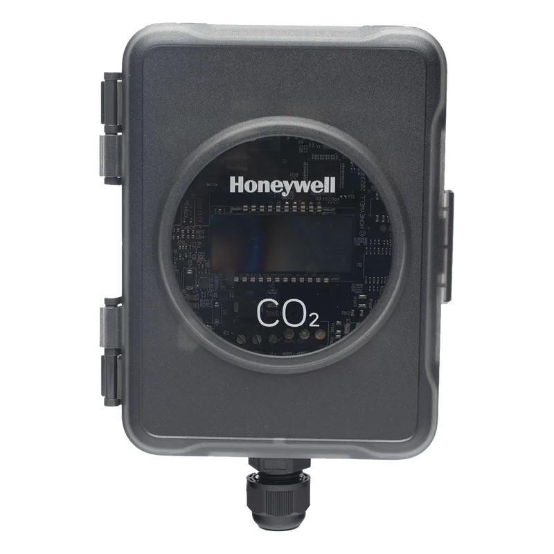 Sensor de CO2 para Ducto de Aire con Pantalla LCD / NDIR de Doble Longitud de Onda / Rango 0 a 9999 ppm / Salida Analógica 0-10V, 2-10V, 4-20mA / Autocalibración Automática / IP65 NEMA 4 HONEYWELL BMS HSCD-D2UL