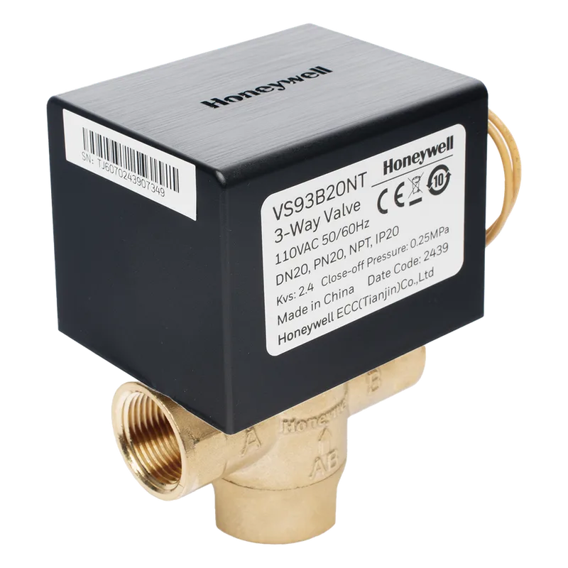 Válvula de control eléctrica de 3 vías para fancoil, retorno por resorte, normalmente cerrada, 110 V CA, DN20 (3/4"), conexión NPT HONEYWELL BMS VS93B20NT