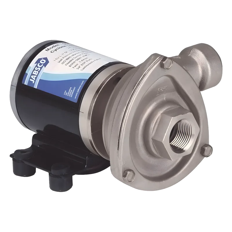 Bomba centrifuga Cyclone de baja presión a 12 Vcd, caudal de hasta 29 GPM, presión máxima de 8.7 psi, en acero inoxidable. JABSCO 50840-0012