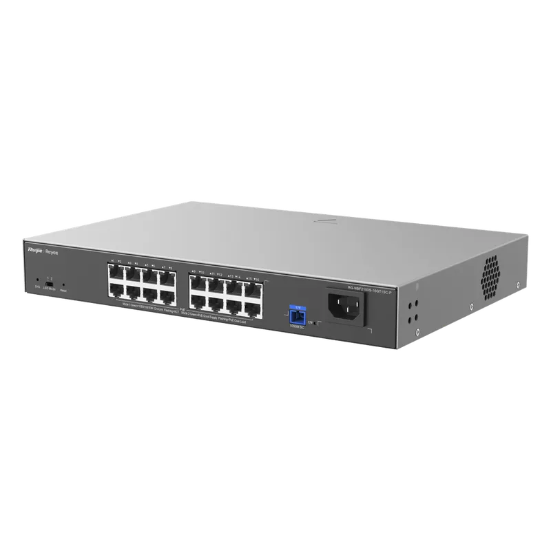e-Lighten ONU / Switch PoE+ Hibrido, Capa 2 con un Puerto PON 1G SC/UPC y 16 Puertos Ethernet PoE+ 1G hasta 240 Watts y 100 Clientes RUIJIE RG-NBF2100S-16GT1SC-P