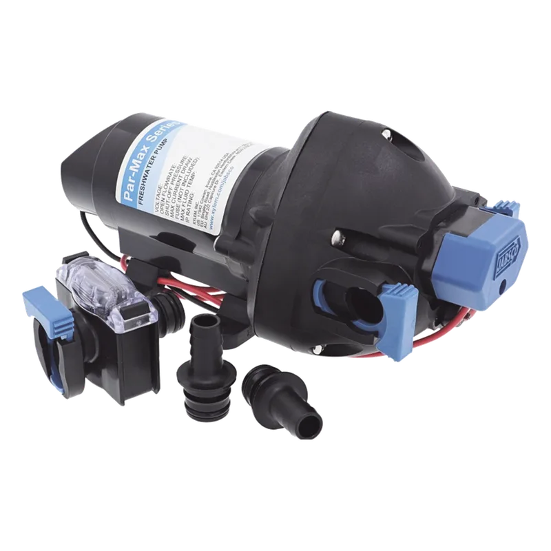 Bomba controlada por presión Par Max a 12 Vcd, caudal de 2 GPM, presión máxima 35 psi, para manguera de entrada con orificio de 38 mm (1½”), manguera de descarga con orificio de 25 mm (1”) JABSCO 31295-3512-3A
