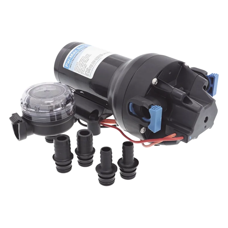 Bomba de diafragma controlada por presión para trabajo pesado ParMax de 12 Vcd, caudal de 5 GPM, presión máxima 60 psi, para manguera de diámetro interior de 13 mm (1/2") y 19 mm (3/4") JABSCO P501J-118S-3A