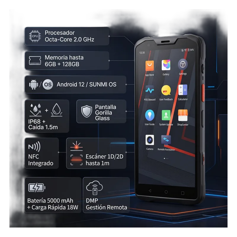 Handheld SUNMI L2S PRO / Octa-Core 2.0 GHz / 4GB RAM 64GB / IP68 / Escáner 1D/2D 1 m / NFC / 5000 mAh / Android 12 L2SPRO