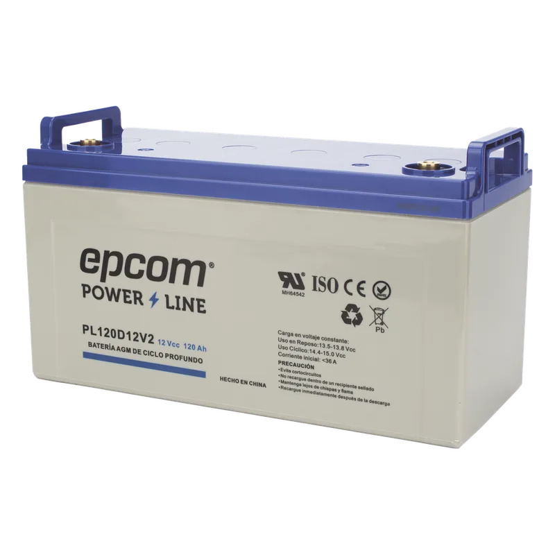 Batería de respaldo 12Vcc 120 Ah AGM | Certificada UL94-HB Retardo a la flama básica | Ciclo profundo | Aplicación fotovoltaica y de emergencia | Terminales M8 EPCOM POWERLINE PL120D12V2