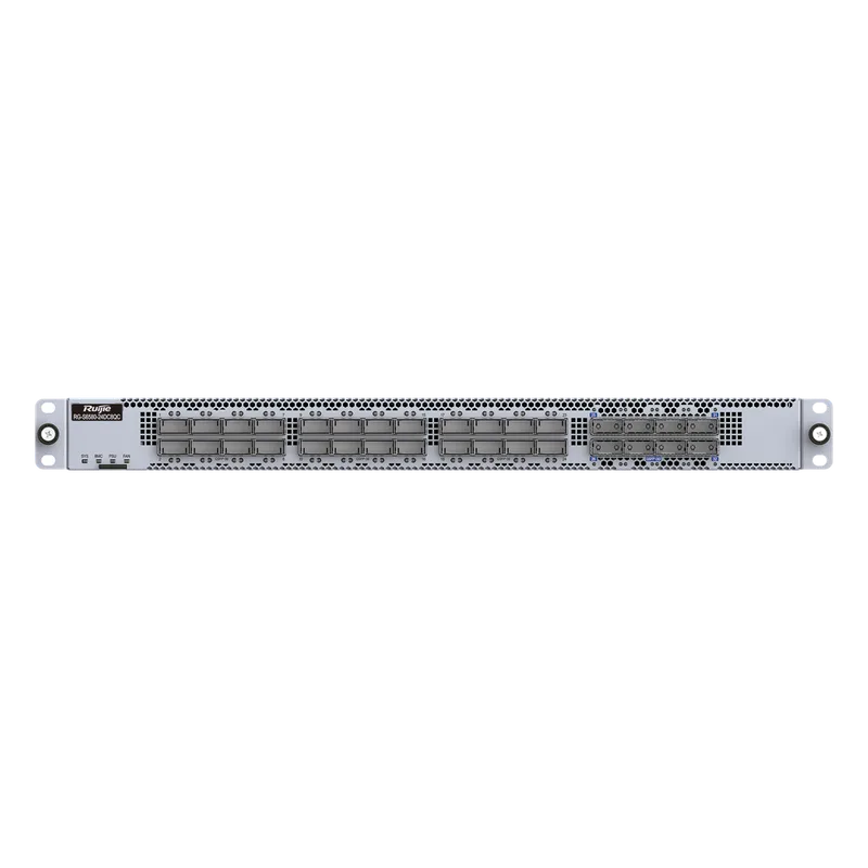 Switch Data Center 200GE / 24 Puertos QSFP56 200G + 8 QSFP-DD 400G / 16.0 Tbps 5350 Mpps / RDMA RoCEv2 PFC ECN Lossless Ethernet / Capa 3 Spine-Leaf VXLAN EVPN / BGP OSPF MLAG / 1 RU Fuentes 1+1 Hot-Swap RUIJIE RG-S6580-24DC8QC