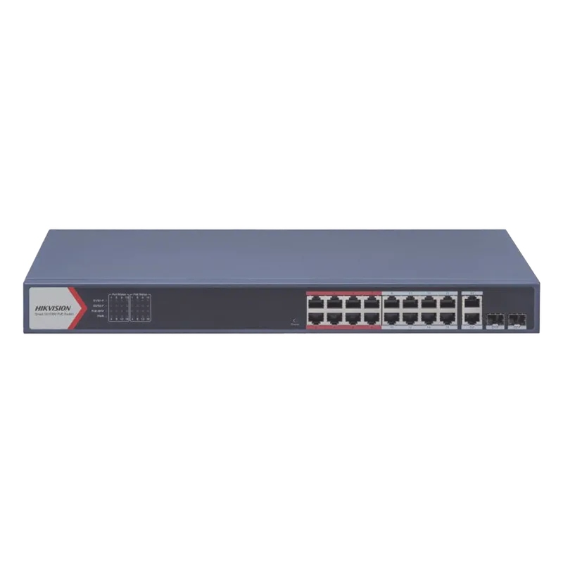 Switch PoE+ / Monitoreable / 16 puertos 10/100 Mbps PoE+ / 2 Puertos 1000 Mbps Uplink / 2 Puertos SFP de Uplink / Configuración Nube Hik-Partner Pro / Modo Extendido hasta 300 metros / 230 W HIKVISION DS-3E1318P-EI(B)