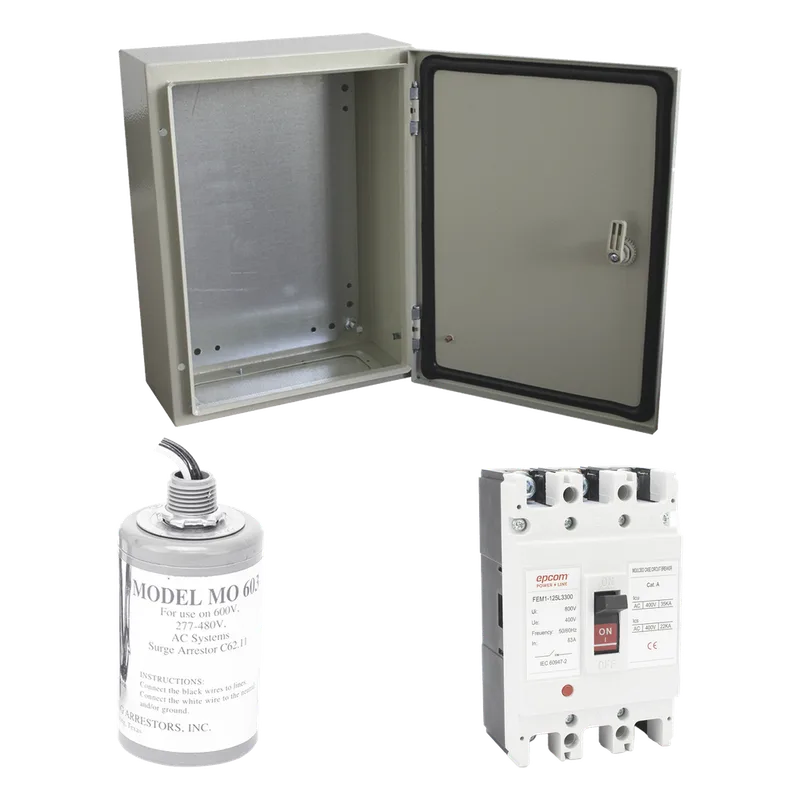 Kit de Centro de Carga Trifasico Para Corriente Alterna, Breaker de hasta 690 Vc de 100 A con Supresor de Descargas Atmosféricas. EPCOM PL100ACA