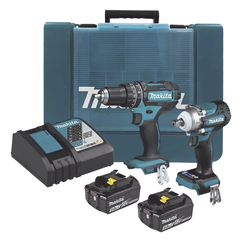 Kit de Rotomartillo Atornillador DHP482 + Atornillador de Impacto DTW301, incluye 2 Baterías BL1850B, 1 Cargador DC18SD y Maletín Plastico MAKITA DLX2500T