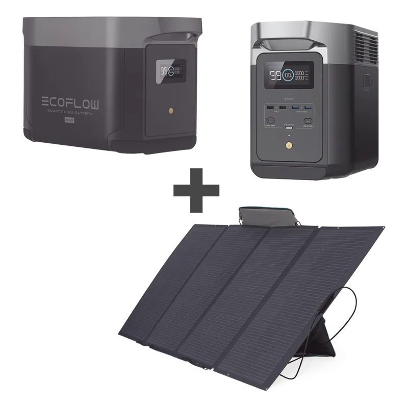 Kit de Estación de Energía Portátil 2048Wh + Batería Externa 2048Wh + Panel Solar Flexible 400W (4096Wh Totales) ECOFLOW DLT2MAX-KIT-BP