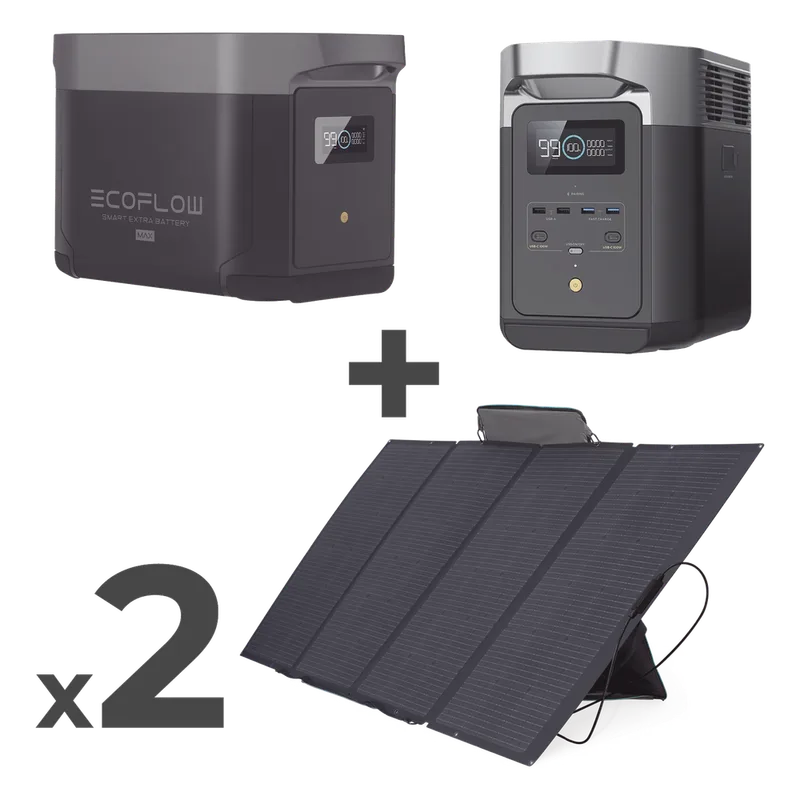 Kit de Estación de Energía Portátil 2048Wh + Batería Externa 2048Wh + 2 Paneles Solares Flexibles 400W (4096Wh, 800W Totales) ECOFLOW DLT2MAX-KIT-BPLUS