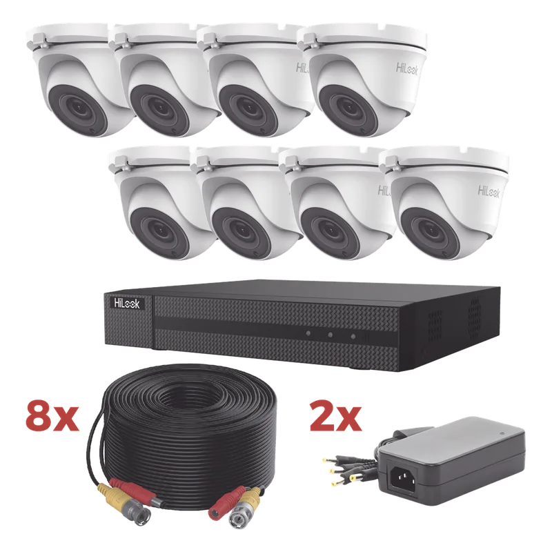 Kit TurboHD / DVR 8 Canales 1080p Lite / 8 Cámaras turret 1080p metalicas / 8 cables de 20 metros / 2 fuentes de 4 canales HiLook by HIKVISION HL1080P8E