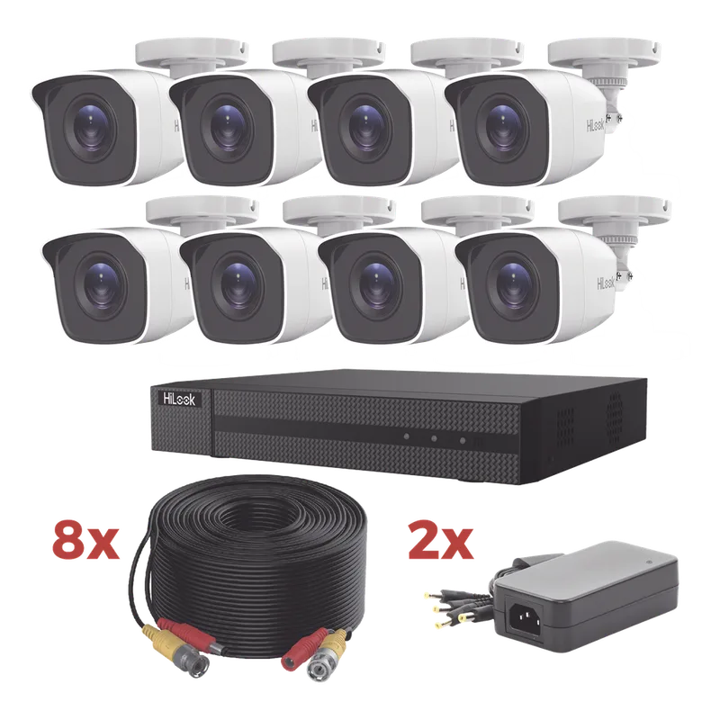 Kit TurboHD / DVR 8 Canales 1080p Lite / 8 Cámaras bala 1080p metalicas / 8 cables de 20 metros / 2 fuentes de 4 canales HiLook by HIKVISION HL1080P8B