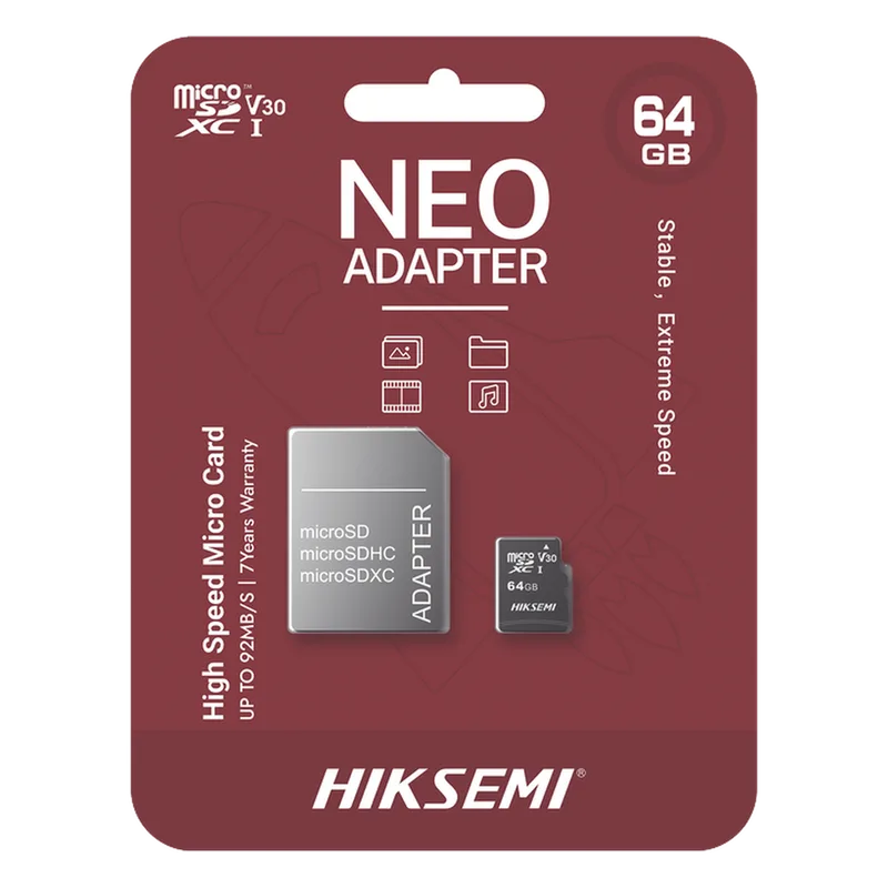 Memoria microSD con Adaptador / 64 GB / Clase 10 / NAND TLC / 92 MB/s Lectura / Multipropósito HIKSEMI by HIKVISION HS-TF-C1/64G/NEO/A