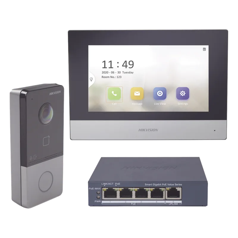 Kit de Videoportero IP + Switch PoE Estándar con llamada a App de Smartphone (HikConnect) / Apertura con tarjeta MIFARE / Frente de calle IP65 / Soporta 1 Departamento HIKVISION DS-KIS603-P/S