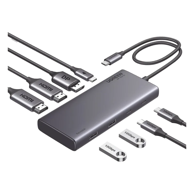 HUB USB-C (Docking Revodok 308) 8 en 1 | 2 Puertos HDMI 4K@60Hz | 1 Puerto DisplayPort 4K@60Hz 2 USB-A 10Gbps) | 2 USB-C (10Gbps) | USB-C PD Carga 100W | Chip de Ultima Generacion | Carcasa de Aluminio. UGREEN 35625