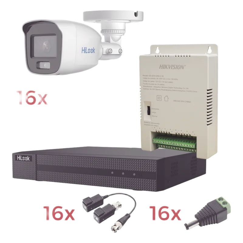Kit TurboHD 1080p Lite / DVR 16 Canales / 16 Cámaras Bala Exterior ( 2.8mm) con ColorVu + Micrófono Integado / Transceptores / Conectores / Fuente de Poder Profesional EPCOM HL1080PL/16BCA