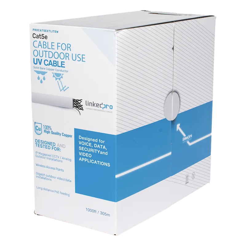 Bobina de cable de 305 m, Cat5e, para intemperie, sin blindar, color blanco, UL, para aplicaciones en CCTV, redes de datos, Requiere tubería para su correcta instalación en ambientes exteriores. LINKEDPRO BY EPCOM PRO-CAT5-EXT-LITEW-V2