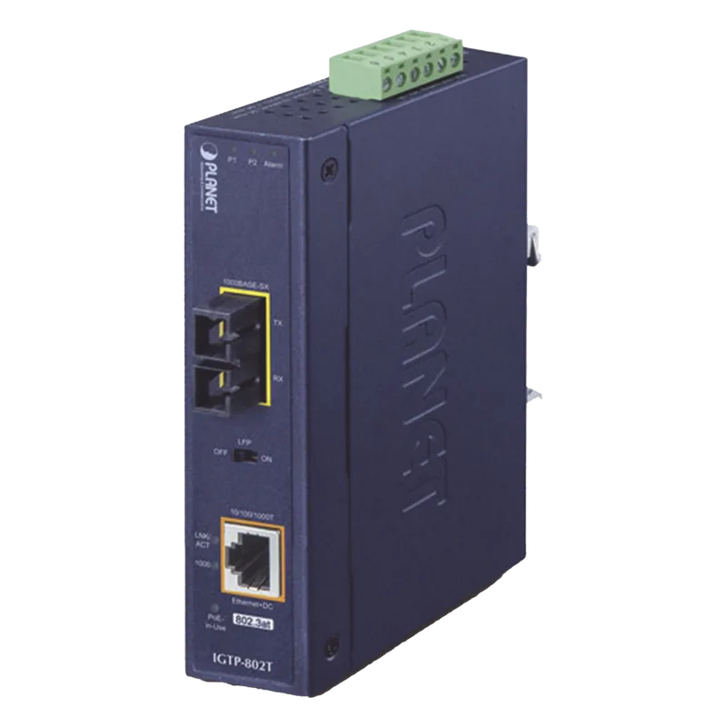 Convertidor de medios industrial PoE+ 1000BASE-SX a 10/100/1000BASE-T 802.3at (SC,MM) -550 m PLANET IGTP-802T